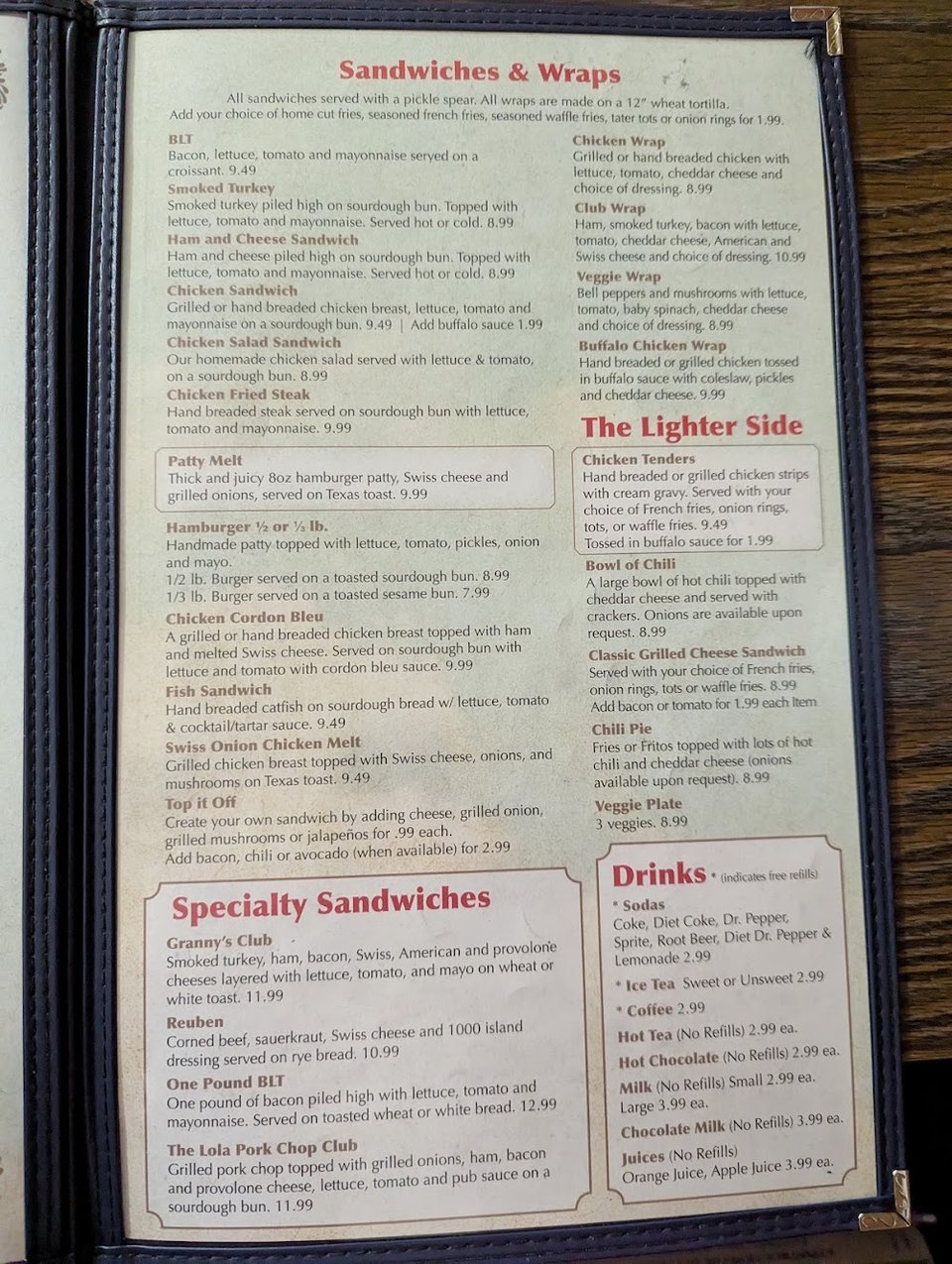Menu page listing sandwiches, salads, and dinner plates.